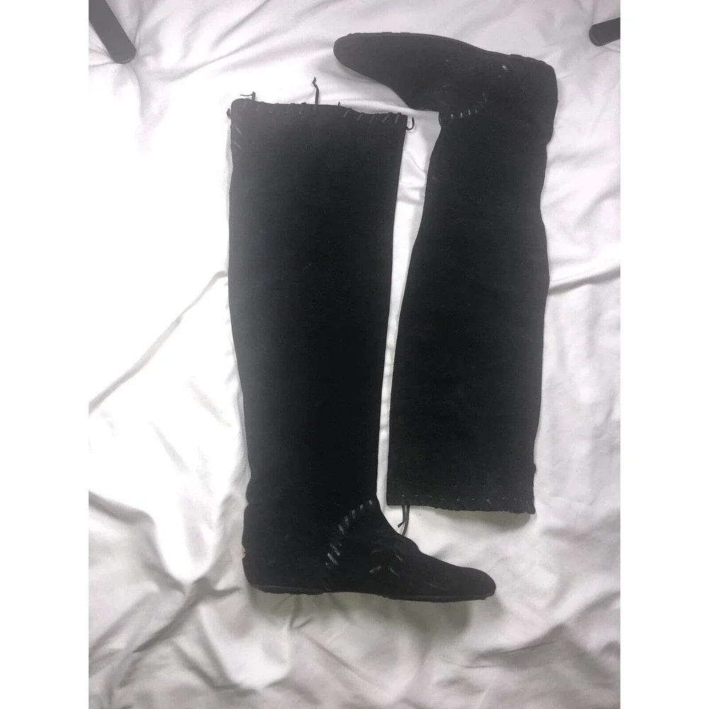 Jimmy Choo Whitby Black Waxed Suede Flat Knee Over Knee Boots‎ Size EU 37 US 7